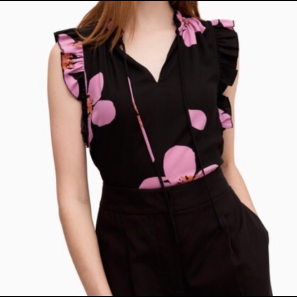 Kate Spade Tie Neck Shell Blouse Top Black Pink Lilac medium